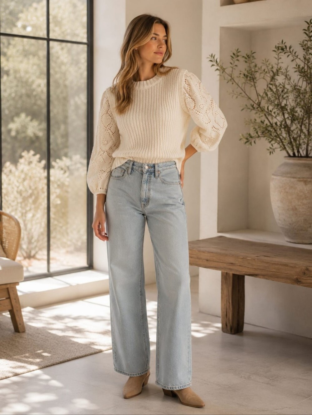 Rails Dhalia Eyelet Sleeve‎ Sweater LARGE Chunky Shaker Stitch Pullover Ivory